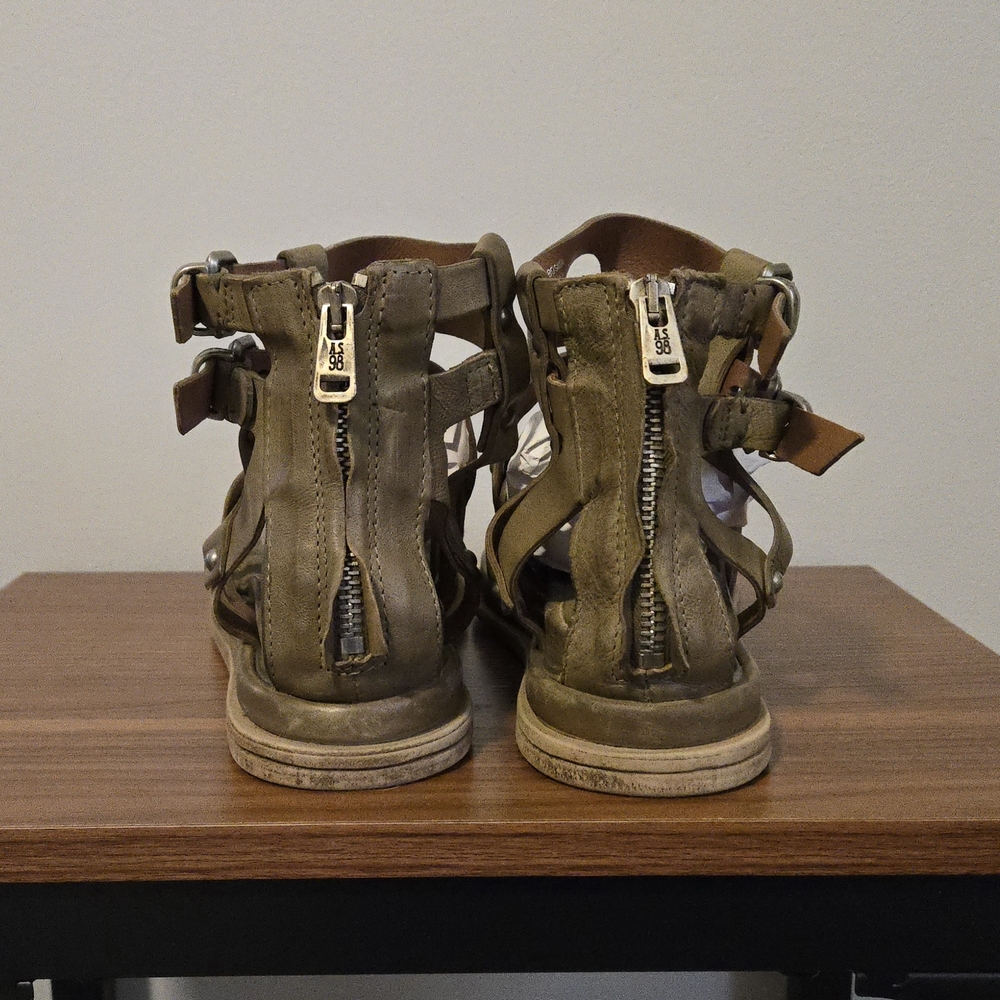 A.S.98 Jungle Green Strappy Zip Leather Sandals - Picture 5 of 6